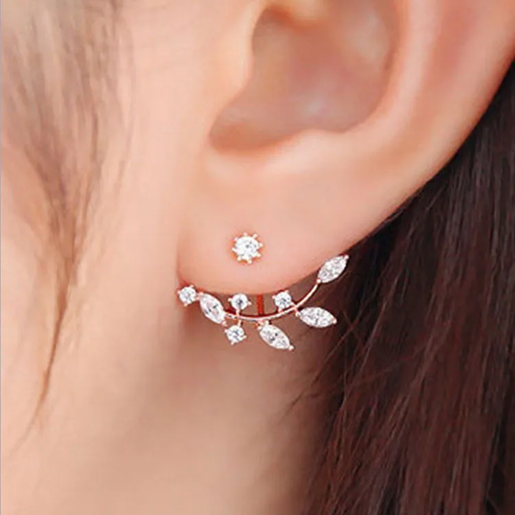 For Women Rose Gold Color Double Sided Fashion Jewelry Earrings Female Ear Brincos Pending 2018 Flower Crystals Stud Earring