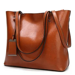 Bolso de cuero encerado para mujer, bolsa de hombro con doble correa, sencillo, para compras, 2024