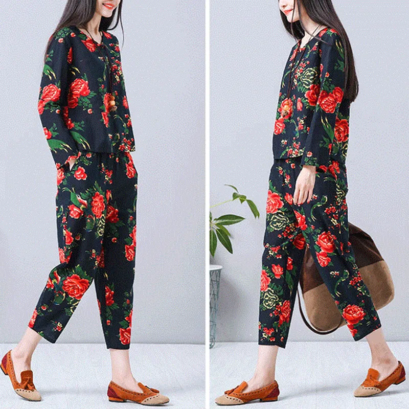 UHYTGF National Wind Sets Mulheres Soft Cotton Linen Printing Loose Summer 2 Piece Set Pullover Top + Pants Casual Suit Feminino 1417