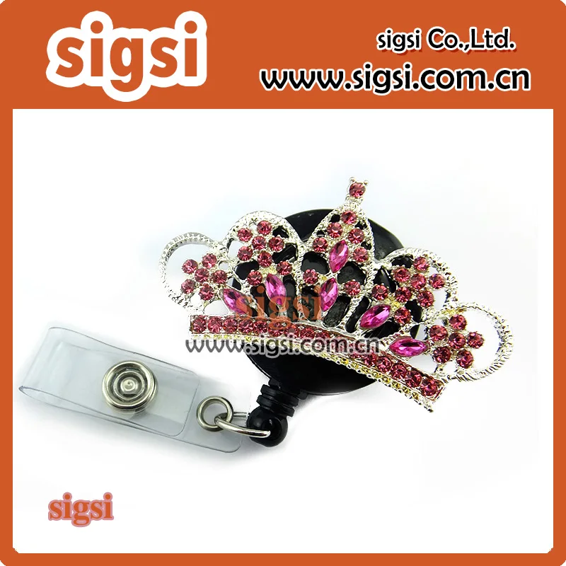 Wholesale Pink Crystal Rhinestone Crown Retractable Reel ID Badge Holder