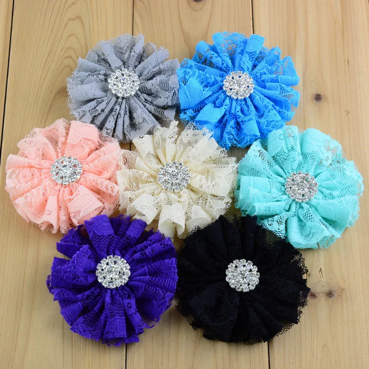 100 pcs/lot , lace fabric flowers, Ballerina ruffled flower , Wholesale Rhinestone Lace flowers