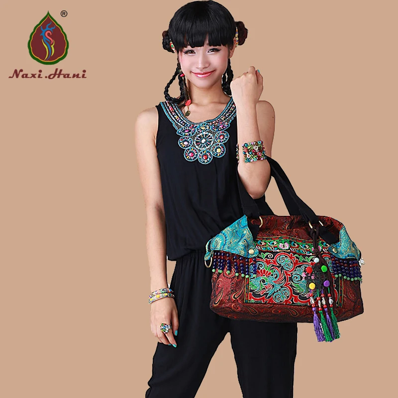 HOT Bohemia Silk brocade double-sided embroidery women handbags Ethnic Vintage handmade Beaded tassel shoulder crossbody bags