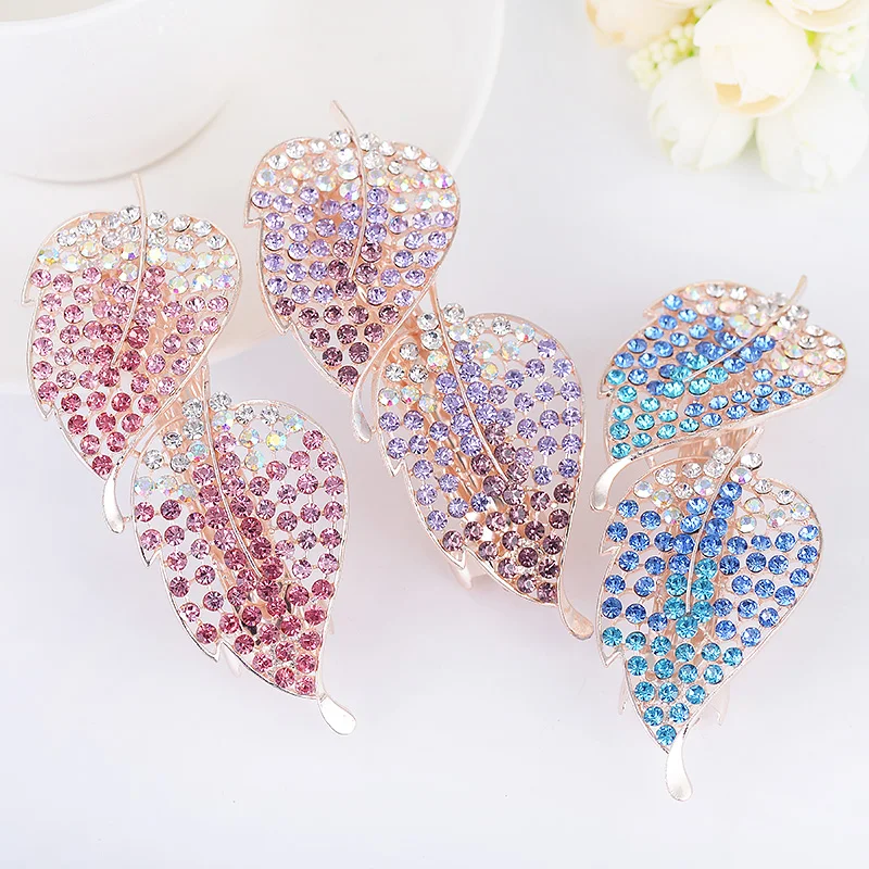 EASYA High Quality Full Crystal Hairpin Hairwear Jewelry Tone Metal Rhinestone Leaves Hair Clip Barrettes