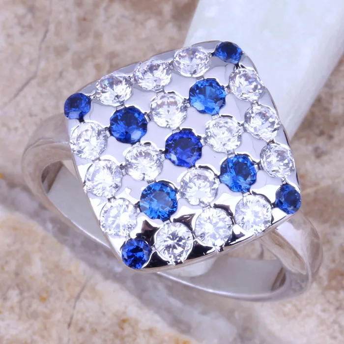 Smooth Blue Cubic Zirconia White CZ Silver Plated  Women\'s Ring Size 6 / 7 / 8 / 9 R0968