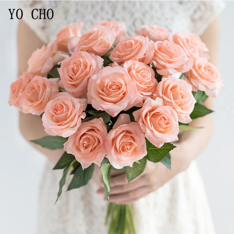 YO CHO 1 Head Pink Rose Artificial Flowers Silk Artificial Roses Real Touch Wedding Home Garden Decoration Fake Flower Bouquet