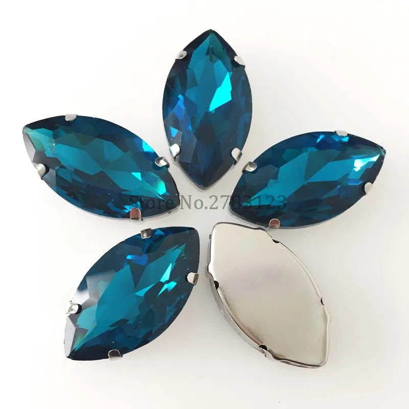 Free shipping peacock blue Silver bottom Glass Crystal sew on  rhinestones with four holes for diy Clothing access Factory sales