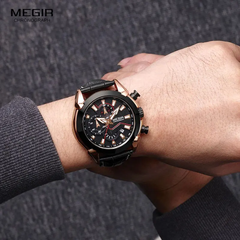 MEGIR Men\'s Fashion Sports Quartz Watches Leather Waterproof Luminous Chronograph Wristwatch Clock Relogios Masculino 2065 Rose