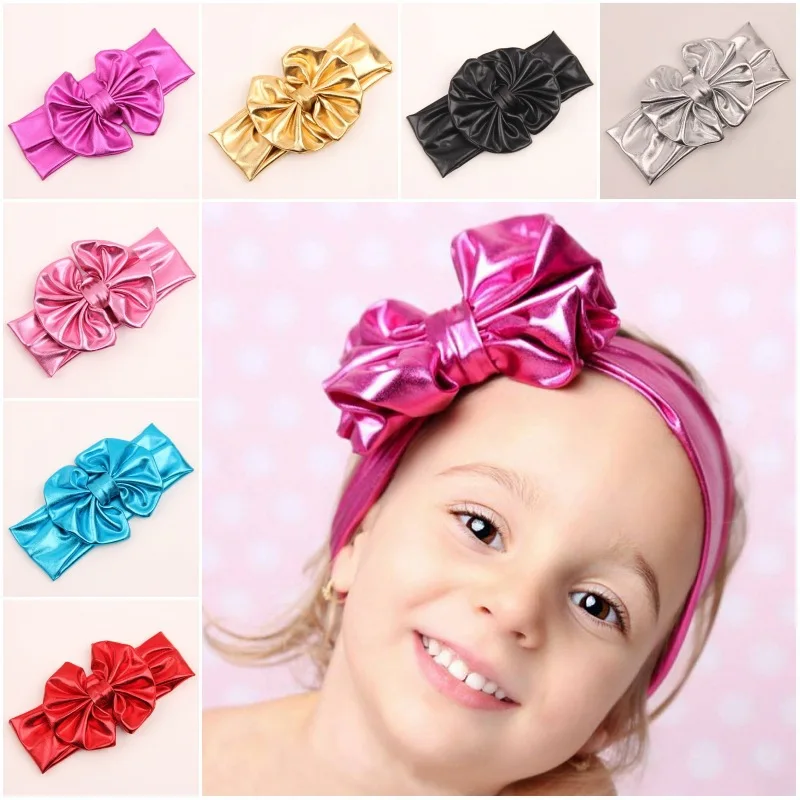 7pcs NEW Arrival Metallic Messy Bow Kids Head wraps Jersey knot Headwraps Big Bow Headbands Gold Knott Headband H163