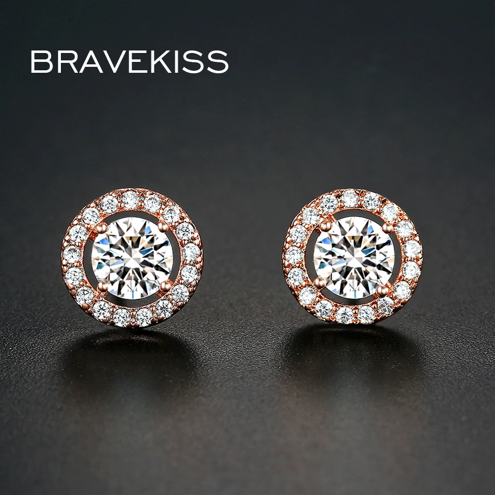 BRAVEKISS Pave Cubic Zircono Rose Gold Color Round Circle Stud Earrings For Women Ladies Fashion Party Jewelry BUE0012A