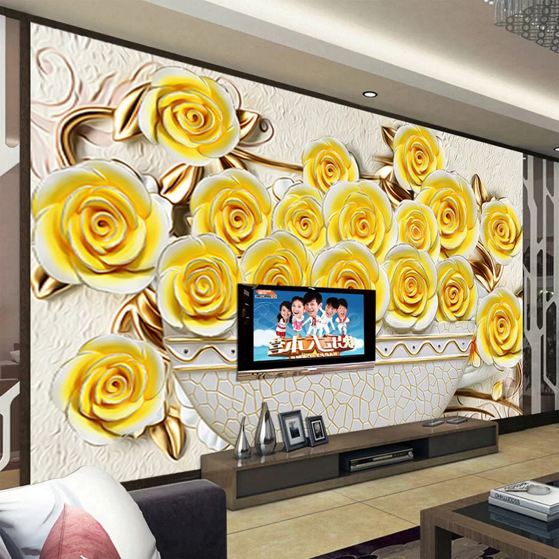 

beibehang Custom 3D Living Room Sofa TV Background Large Wall Painting Stereo Relief Rose Flower Mural Wallpaper For Walls 3 D