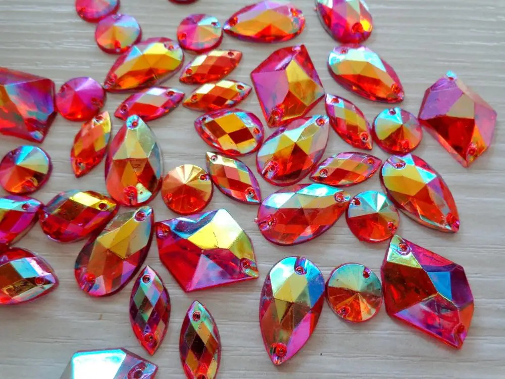 300pcs  mixed loading shape size  sew on rhinestones Red AB colour Acrylic Crystal  loose Beads hand sewing strass  for dress