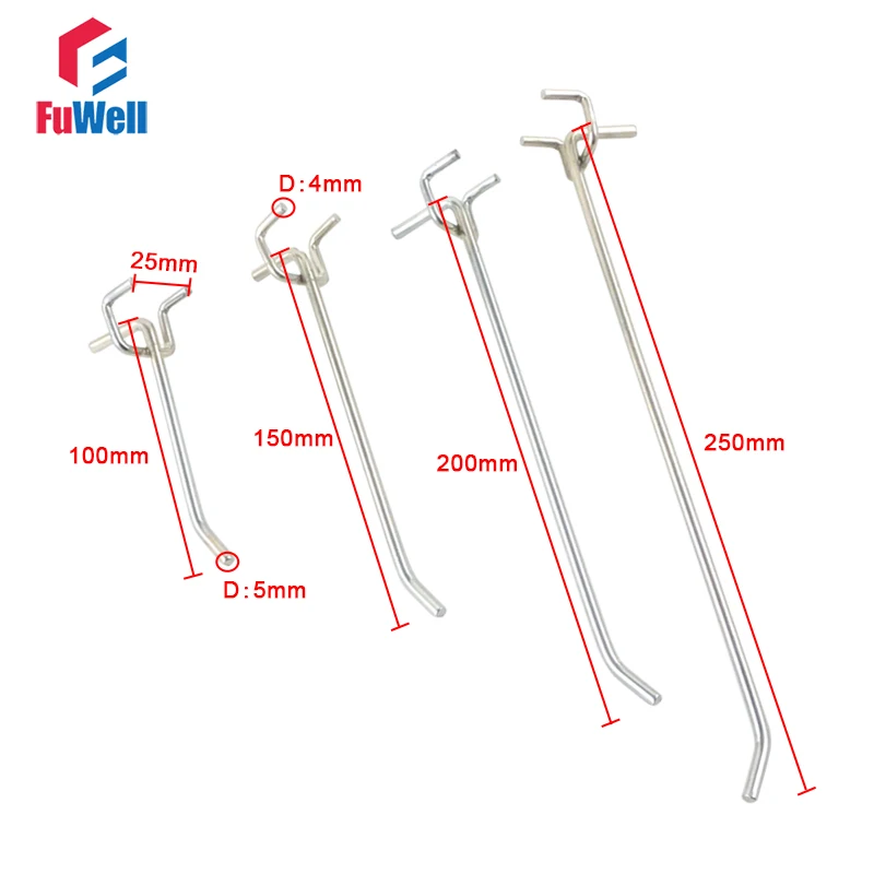 5pcs Pegboard Hooks 100/150/200/250mm Supermarket Display Hook 25mm Hole Pitch 5mm Wire Dia. Metal Chrome-plated  Peg Board Hook