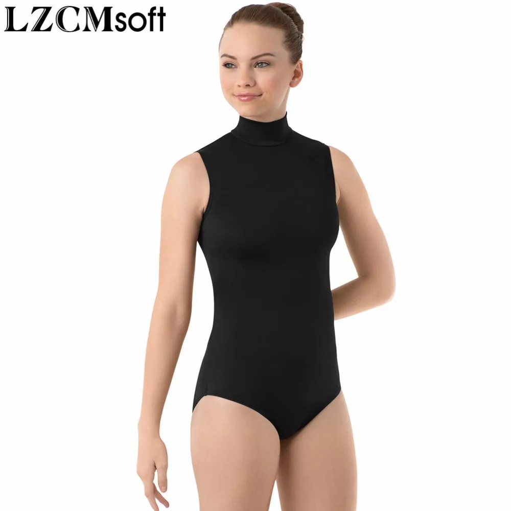 LZCMsoft Frauen Spandex Schwarz Ärmel Tanz Trikot Erwachsene Nylon High Neck Gymnastik Leistung Trikots Bühne Body