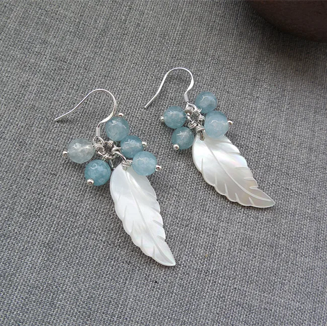 

natural shell blue crystal leaves long female temperament fashion earrings eardrop of restoring ancient ways is cute