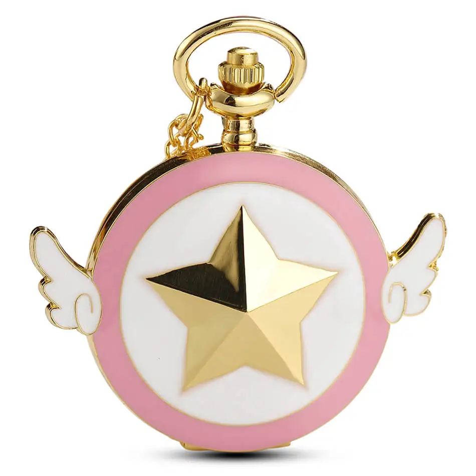 Cardcaptor Sakura Pocket Watch Anime Gold Tone Star Wing Quartz Pocket Watches Steampunk Pendent Necklace Women girls Gifts