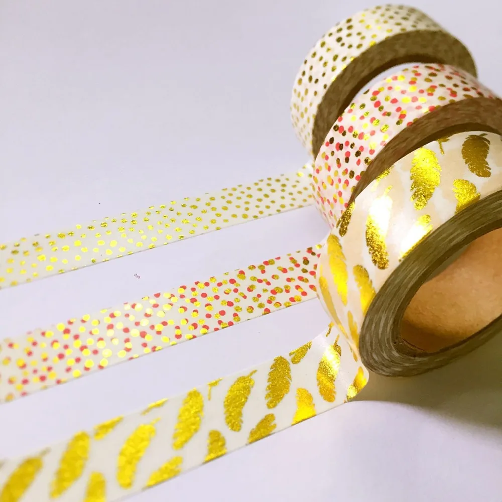 Free shipping  15mm*10m  golden foil  washi paper  tape/Anomalistic Gold dot and Feather masking  washi tape