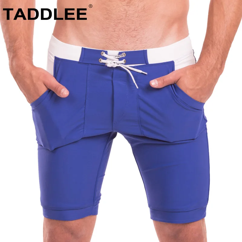 Taddlee Sexy Mens Swimwear Swimsuits Men Swim Boxer Briefs Trunks Long Basic Solid Blue Board Surf Shorts Plus Size Bathing Suit