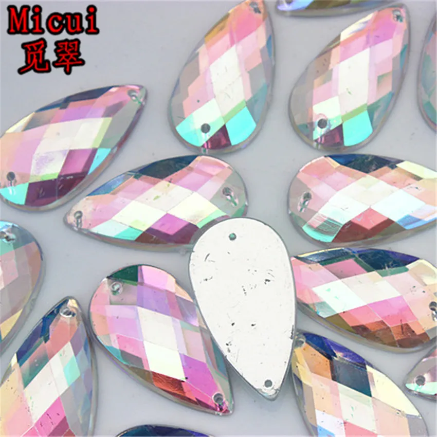 Micui 30PCS 16*30mm Drop Shape AB  Acrylic Rhinestone Sew On Flat Back Fancy Crystal Stones For Clothing Dress Decorations ZZ421