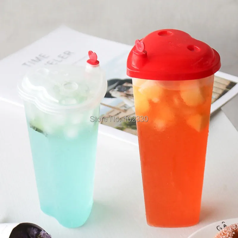 200pcs Heart Shape Disposable Plastic Cup PP Milk Tea Juice Cups Food Grade 500ml White Red Lids High Transparent