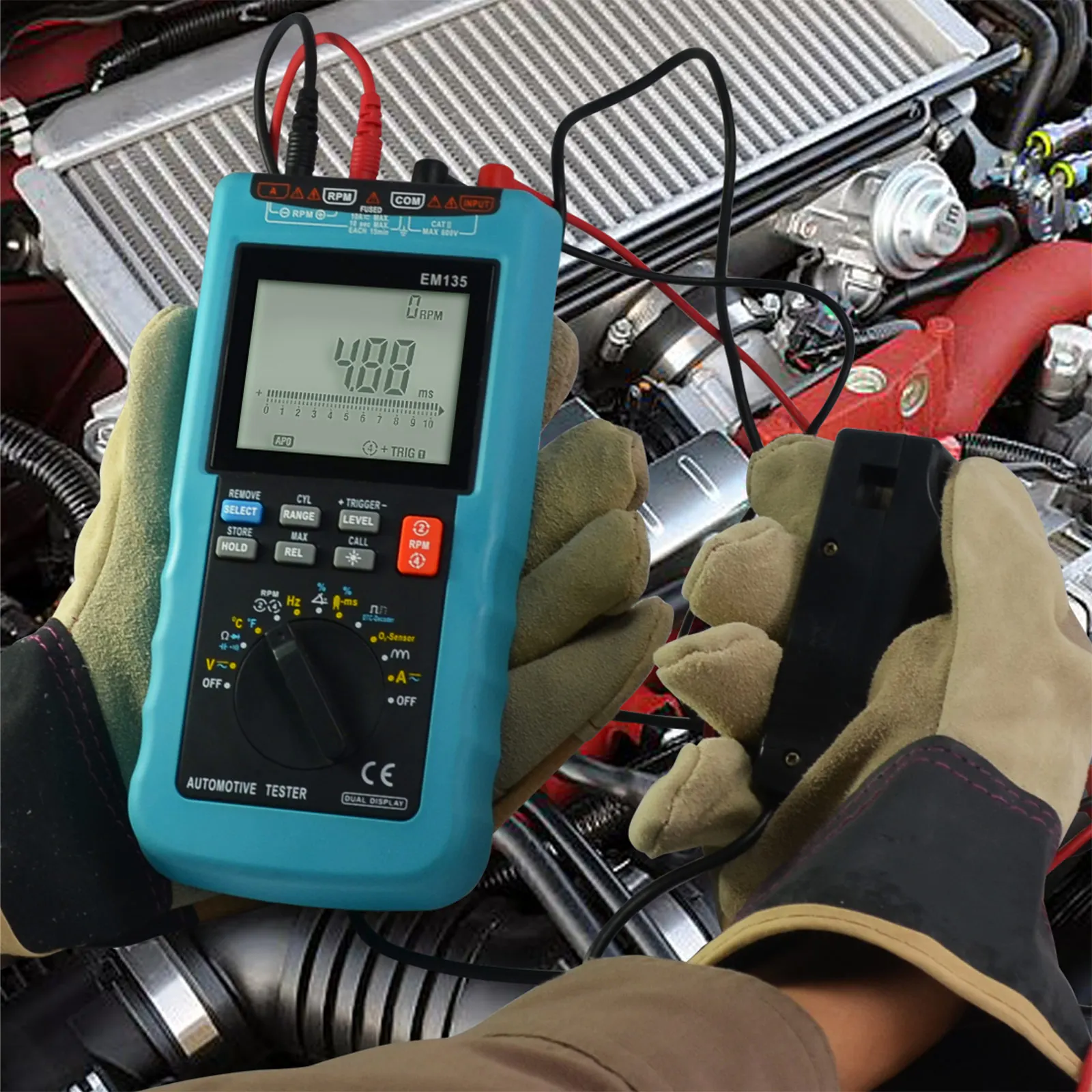 Modern Digital Automotive Multimeter 20A ACA/DCA LCD Autorange Vechile Tester O2-sensor Temp.RPM Dwell Angle All-sun EM135