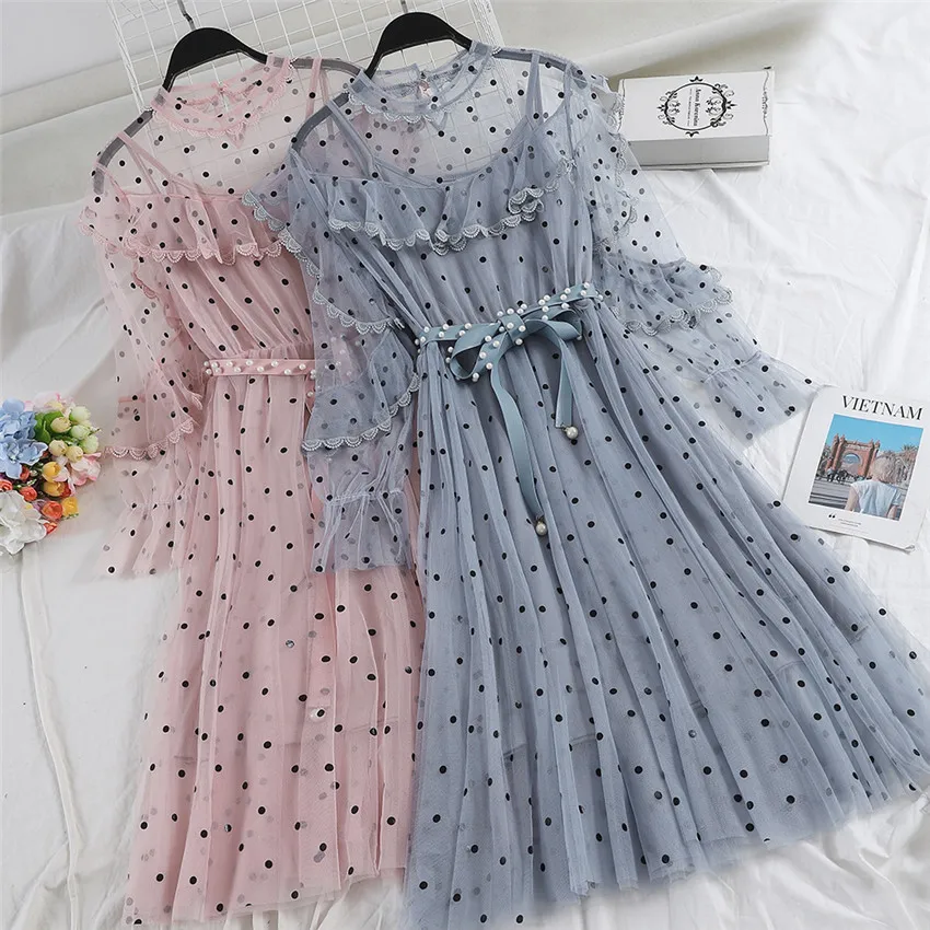 

Gowyimmes 2019 Summer Two Piece Elegant Women Flare Sleeve Chiffon Dot Dress+ Vest Midi Long Party Lace Dressess Vestidos PD317