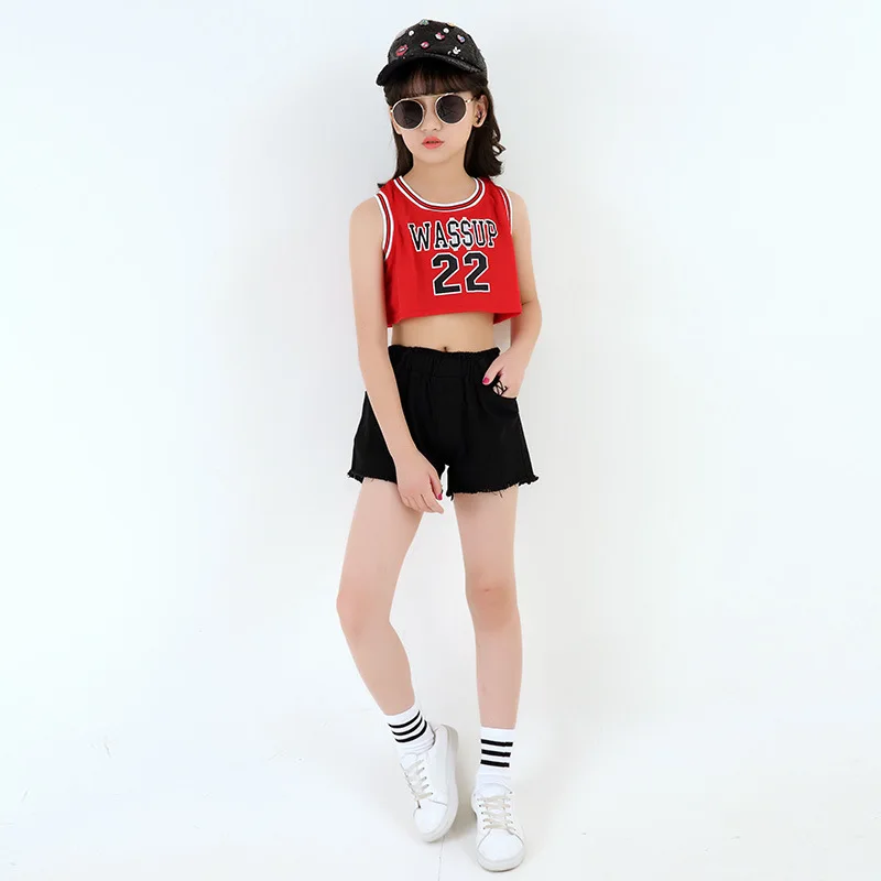 Kids Modern Hip Hop Jazz Dance Costumes for Girls Crop Top Ballroom Dancing Clothes Party Show Stage Costume Casual Shorts