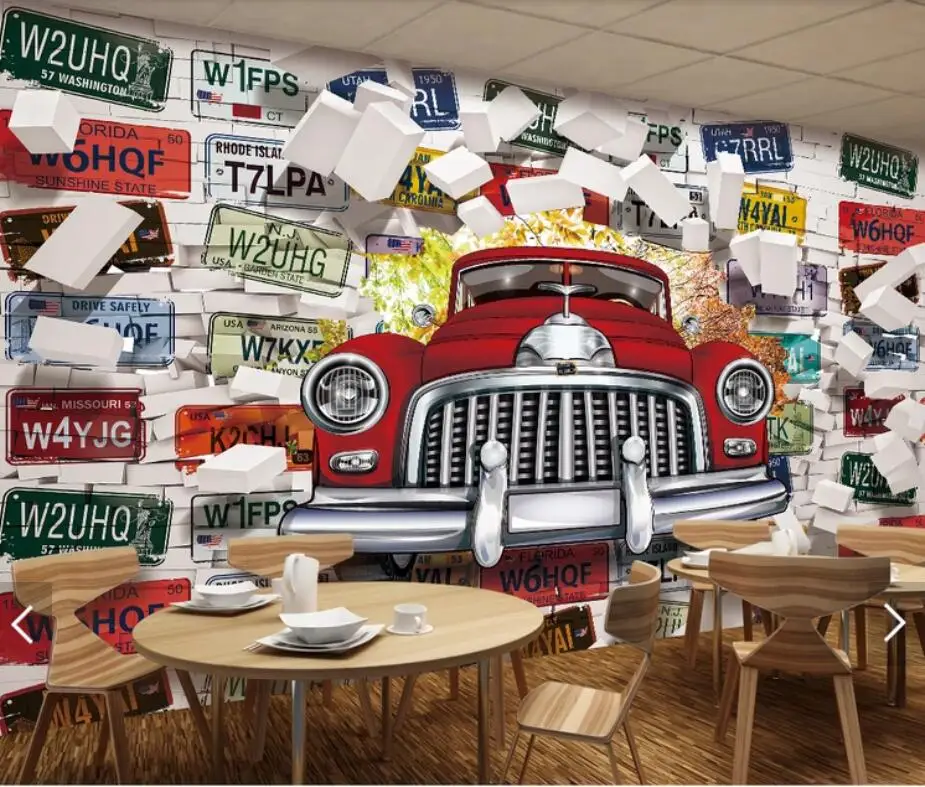 

Vintage Classic Cars Murals Brick Background Photo Wallpaper Canvas Mural for Living Room Contact Paper Papers Roll