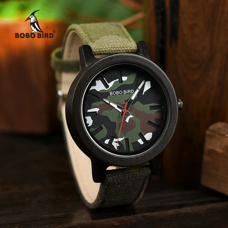 BOBO BIRD Army Green Watch Men Wood Luxury Top Brand Quartz Watches Great Gift for Boyfriend relogio masculino in Wooden Box