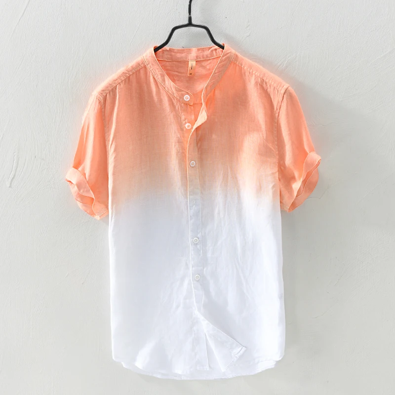 

New Italy style short-sleeved brand linen shirts men gradient orange fashion casual shirt mens breathable shirt male overhemd