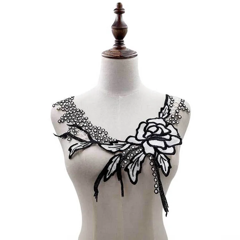 Polyester Applique Lace Fabric Collar Sewing, DIY Embroidery Lace Neckline for Dress Decoration, Black and White Fashion, 1Pc