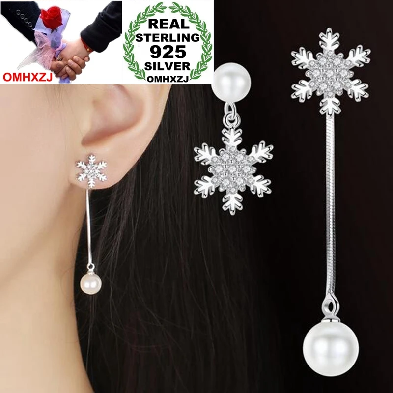 

OMHXZJ Wholesale Asymmetric Creative Art Fashion for Woman Girl Snowflake Pearl 925 Sterling Silver Tassel Stud Earrings YS278