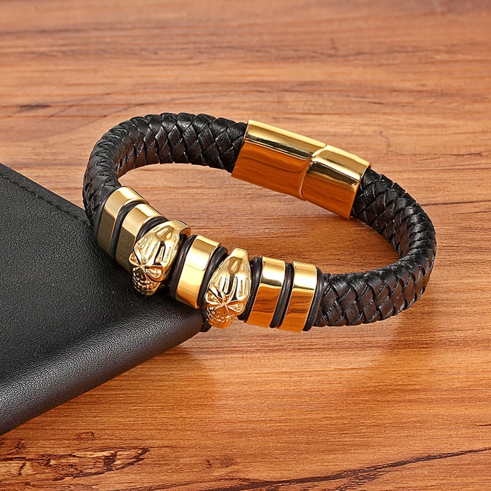 TYO Wholesale Vintage Stainless Steel Charm Bracelet Braided Leather Handmade Bracelets for Men Jewelry 7.5\'\'/8.3\'\'/9.1\'\'