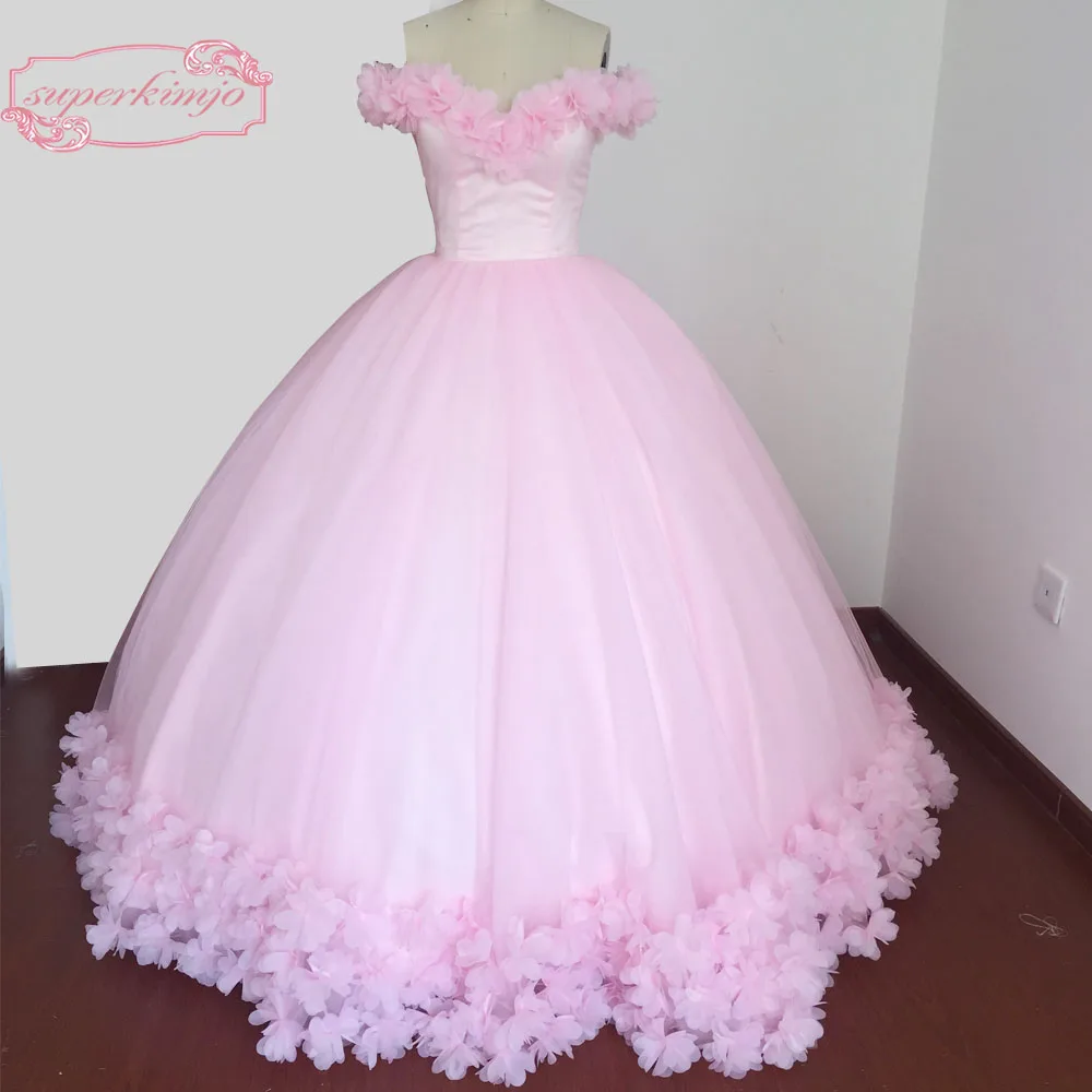 2020 Actual Image Evening Dresses V Neck Hand Made Flowers 3D Ball Gown Tulle Pink Prom Dresses Real Picture