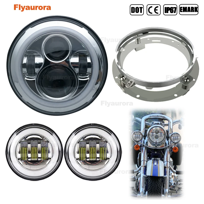 

chrmoe 7" LED Halo motorcycle Headlight + 4.5'' Auxiliary Fog Light DRL+7" Mounting Bracke For Touring Classic Electra