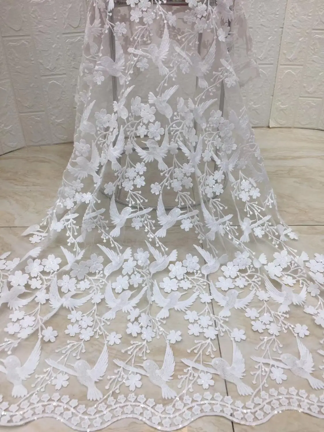 2019  5yards/lot cxc002 offwhite bird flower   embroidery tulle mesh fabric for sawing bridal wedding dress