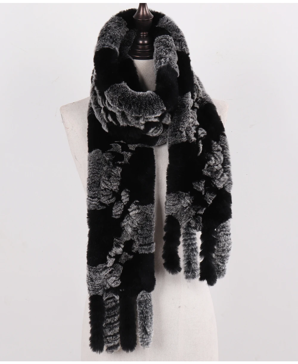 Neue Damen-Schals aus 100% natürlichem Rex-Kaninchenfell, langer Stil, gestrickte Rex-Kaninchenfell-Quastenschals, warme Echtfell-Schals für den Winter. – Detail 17