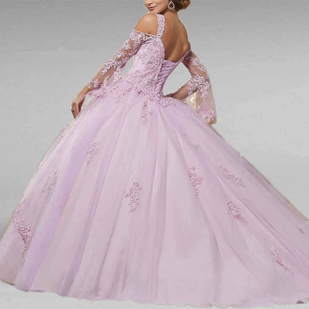 JaneVini 2019 Elegante Ballkleid Rosa Quinceanera Kleider Puffy Lange Hülse Appliques Perlen Prinzessin Prom Kleider Vestidos 15 Anos