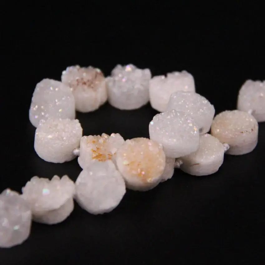 16PCS/strand White AB Titanium Quartz Geode Drusy Flat Round Cabochons Beads,Roug Agates Crystal Druzy Coin Slab Nugget Pendants