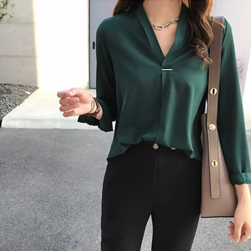 Office Lady Chiffon Blouse Shirt Zomer Blouse Tops Lange Mouwen V-hals Vrouwelijke Blouse