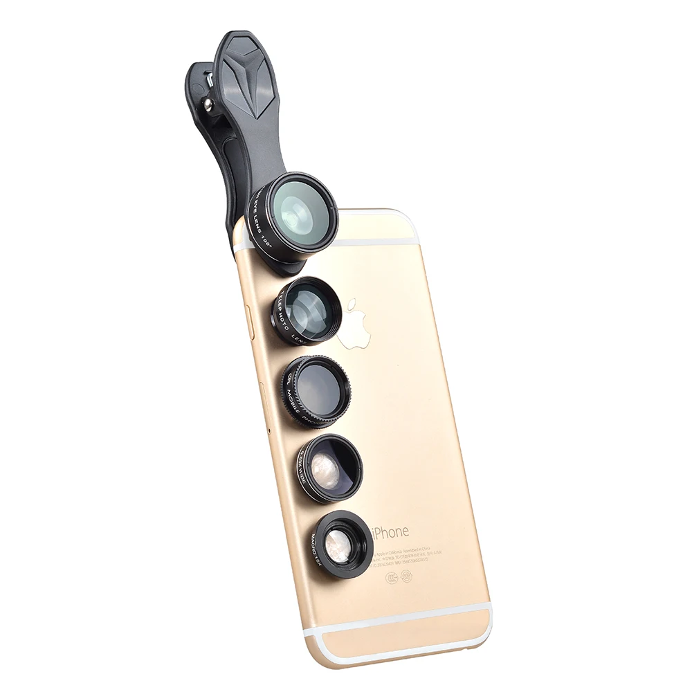 APEXEL Universele Clip 5 in 1 Fish Eye Groothoek Macro 2X Tele CPL Mobiele Telefoon Lens Voor iPhone Samsung xiaomi Telefoons DG5