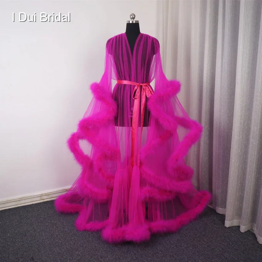 Fuchsia Feather Tulle  Evening Dress Long Sleeve Robe Scarf Party Gown School Dancing Wear