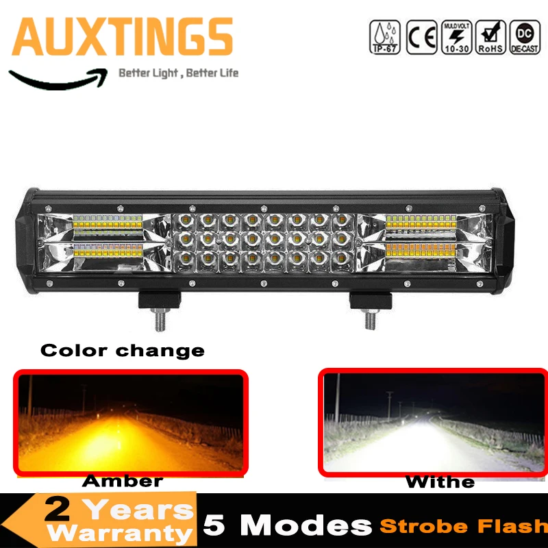 15Inch 216W White Amber Led Light Bar 5 Flashing Modes Strobe Work Light Daytime Running Lights 12V Offroad Car Trunk Emergency