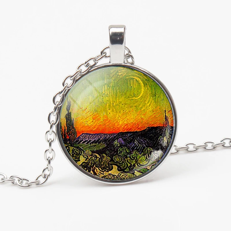 Vintage Van Gogh Oil Painting Pendant Necklace Moon Night Street Landscape Pattern Sunflower Necklace Men Women Handmade Trinket