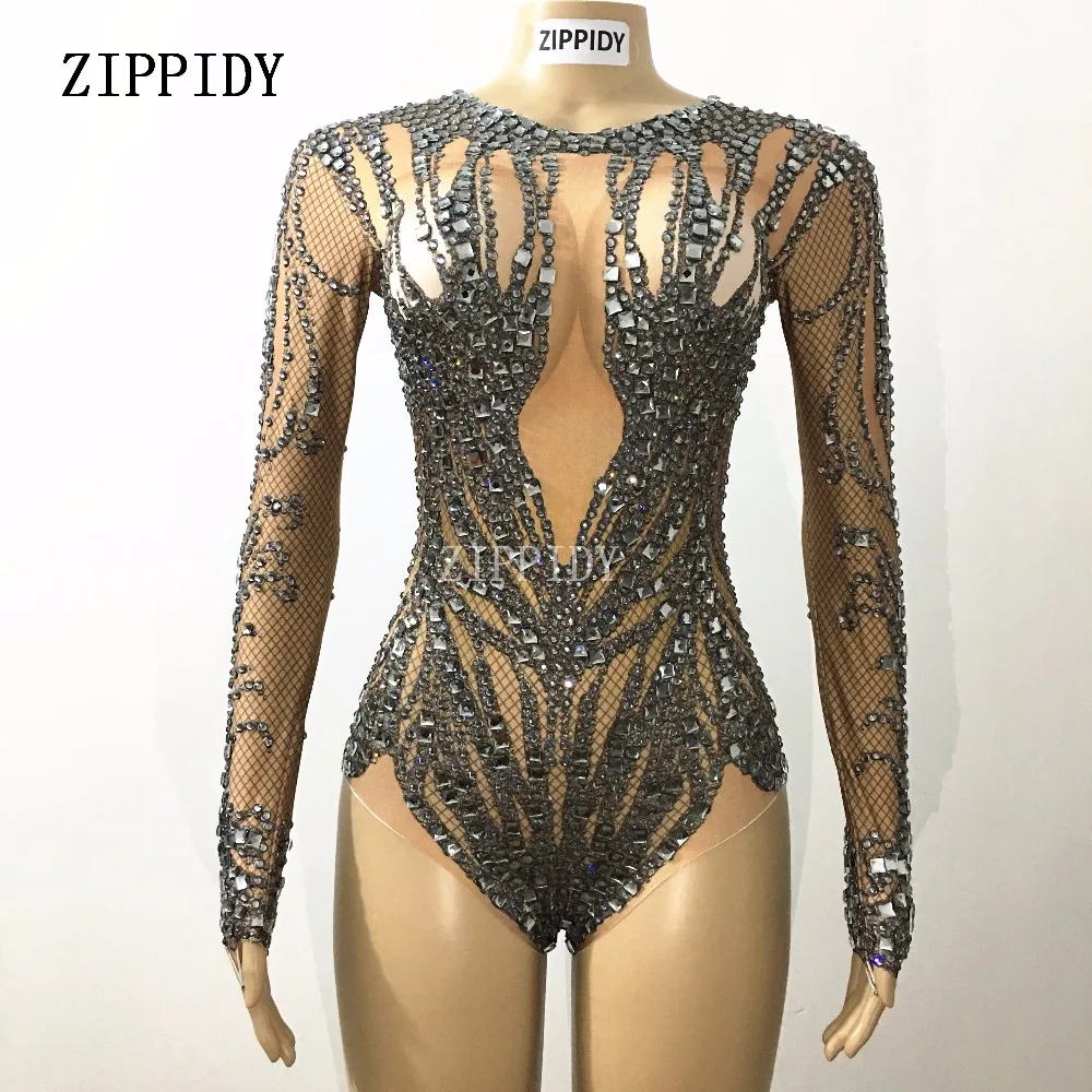 Body negro brillante con diamantes de imitación, traje de actuación para Celebración de fiesta, leotardo elástico con cristales brillantes, ropa de escenario