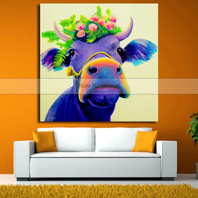 Canvas PaintingHome Decor Wall Art Blue Cow Animal Oil Painting Quardro On Canvas Picture Wall Paintings for Living Room Posters