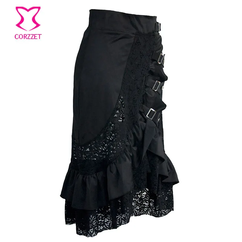 Black Satin&Hollow Out Floral Lace Patchwork Ruffles Buckle Details Plus Size Victorian Gothic Skirt Steampunk Skirts For Women