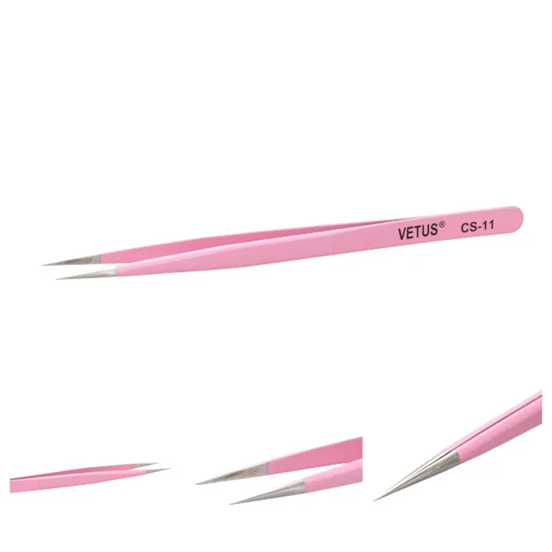 Stainless Steel Pink Eyelash Tweezers Fine Point High Precision Vetus Tweezers Lashes Extension Makeup Tool