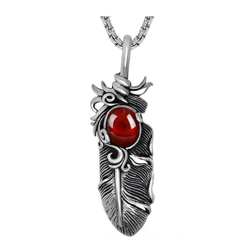 Red Opal pomegranate stainless steel feather pendant man necklace fashion mens jewelry