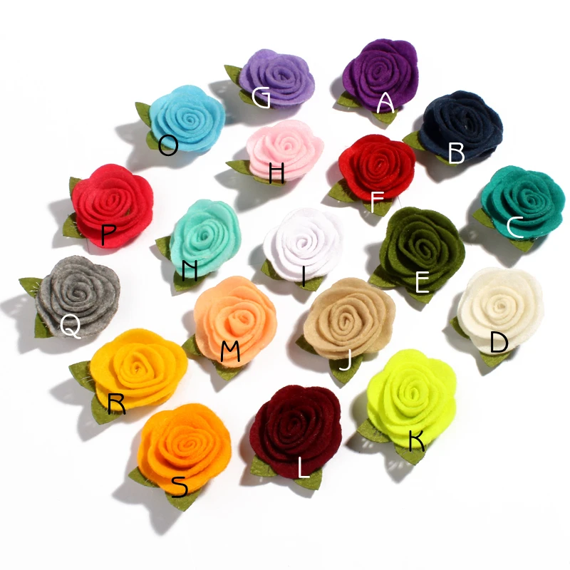 10PCS 5CM Felt Nonwovens Fabric Flower With Green Leaves For Headband Cute Rolled Rose Hair Flowers For Apparel Accessories