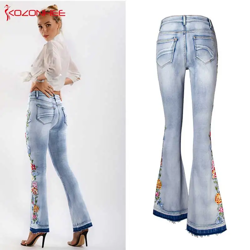 Embroidery Released Hem Flare Jeans Women Elasticity Bell-Bottoms Jeans For Girls Stretching Trousers women Jeans Large Size #07